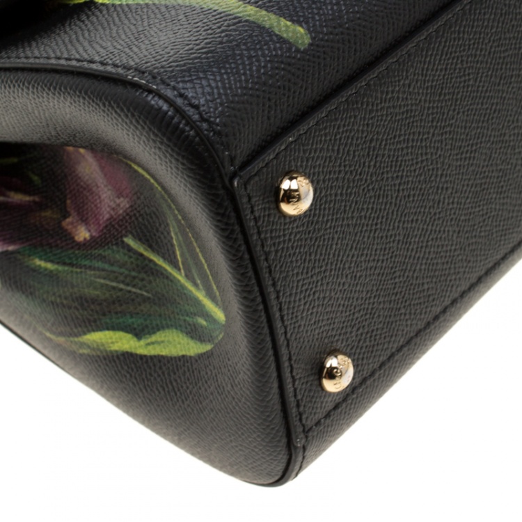 Pre Owned Dolce and Gabbana Black Multicolor Tulip Print Leather Medium Miss Sicily Top Handle Bag