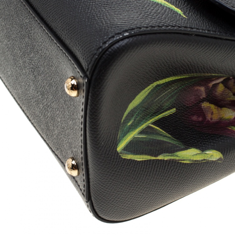 Pre Owned Dolce and Gabbana Black Multicolor Tulip Print Leather Medium Miss Sicily Top Handle Bag