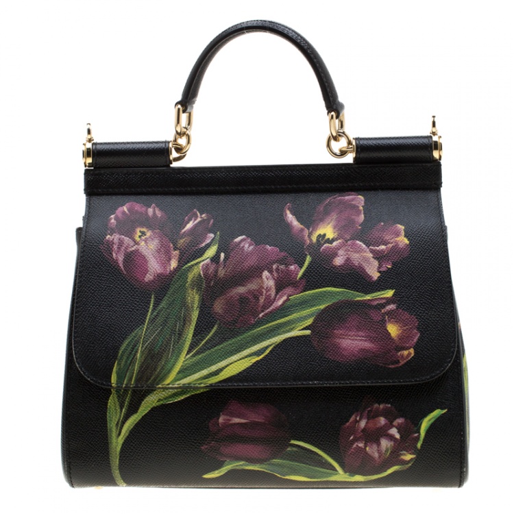 Pre Owned Dolce and Gabbana Black Multicolor Tulip Print Leather Medium Miss Sicily Top Handle Bag