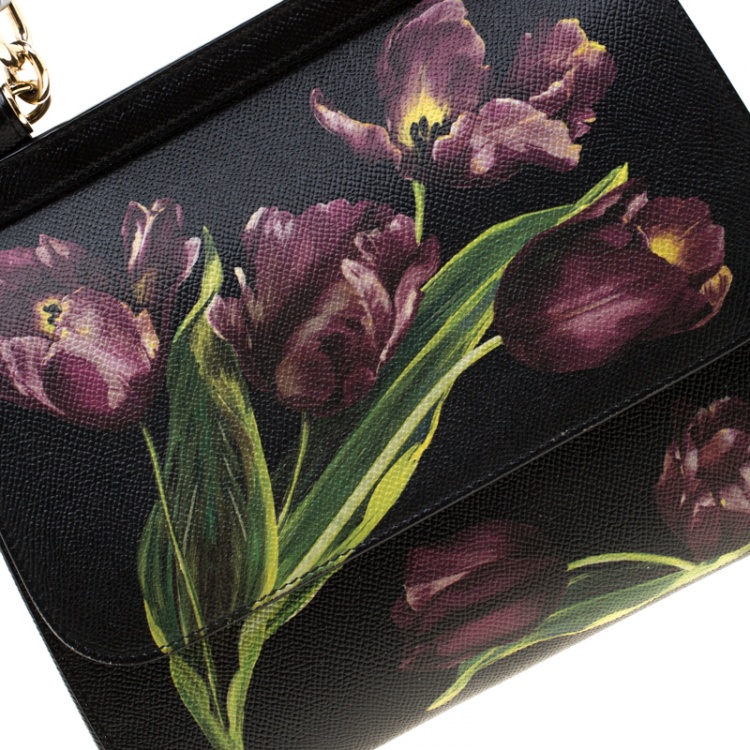 Pre Owned Dolce and Gabbana Black Multicolor Tulip Print Leather Medium Miss Sicily Top Handle Bag