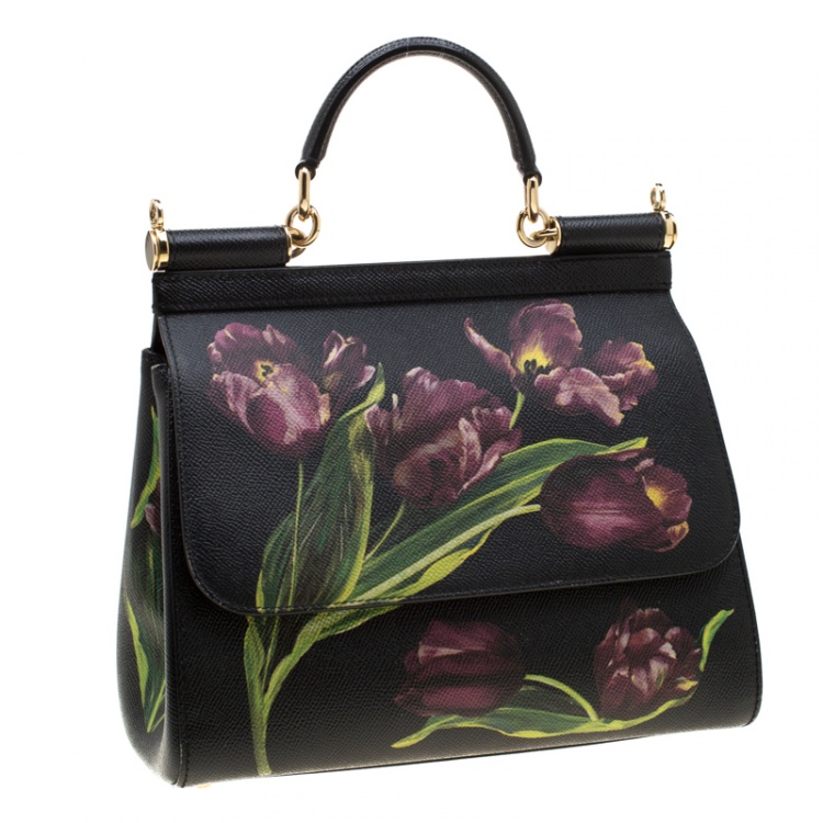 Pre Owned Dolce and Gabbana Black Multicolor Tulip Print Leather Medium Miss Sicily Top Handle Bag