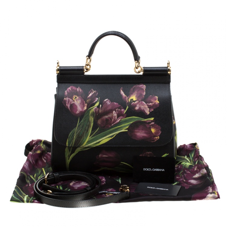 Pre Owned Dolce and Gabbana Black Multicolor Tulip Print Leather Medium Miss Sicily Top Handle Bag
