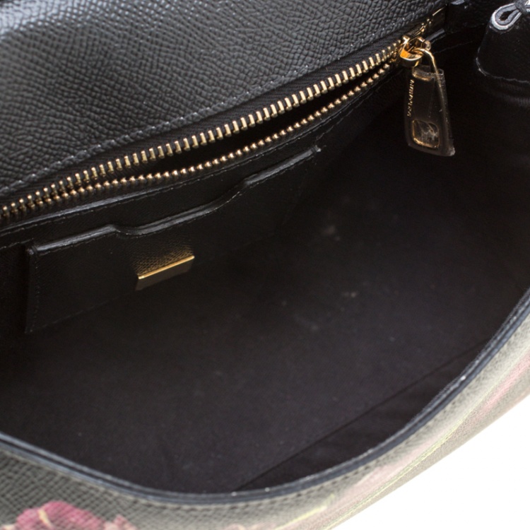Pre Owned Dolce and Gabbana Black Multicolor Tulip Print Leather Medium Miss Sicily Top Handle Bag