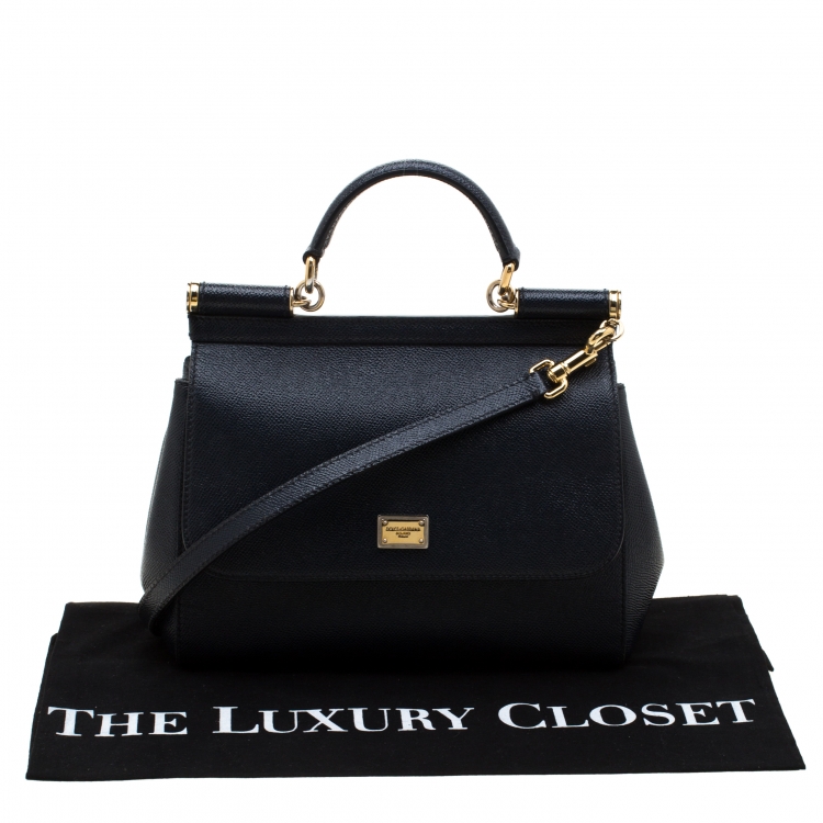 Pre Owned Dolce and Gabbana Navy Blue Leather Medium Miss Sicily Top Handle Bag