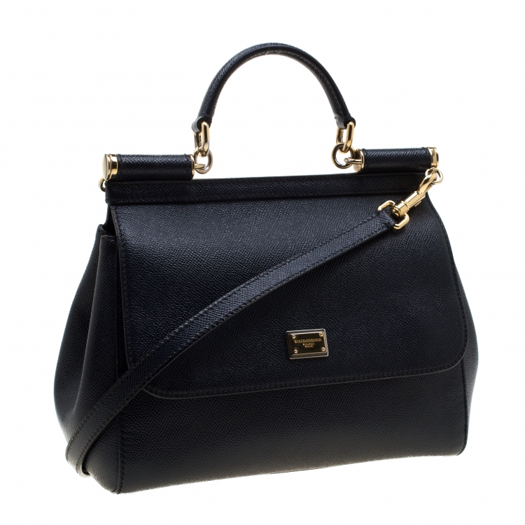 Pre Owned Dolce and Gabbana Navy Blue Leather Medium Miss Sicily Top Handle Bag