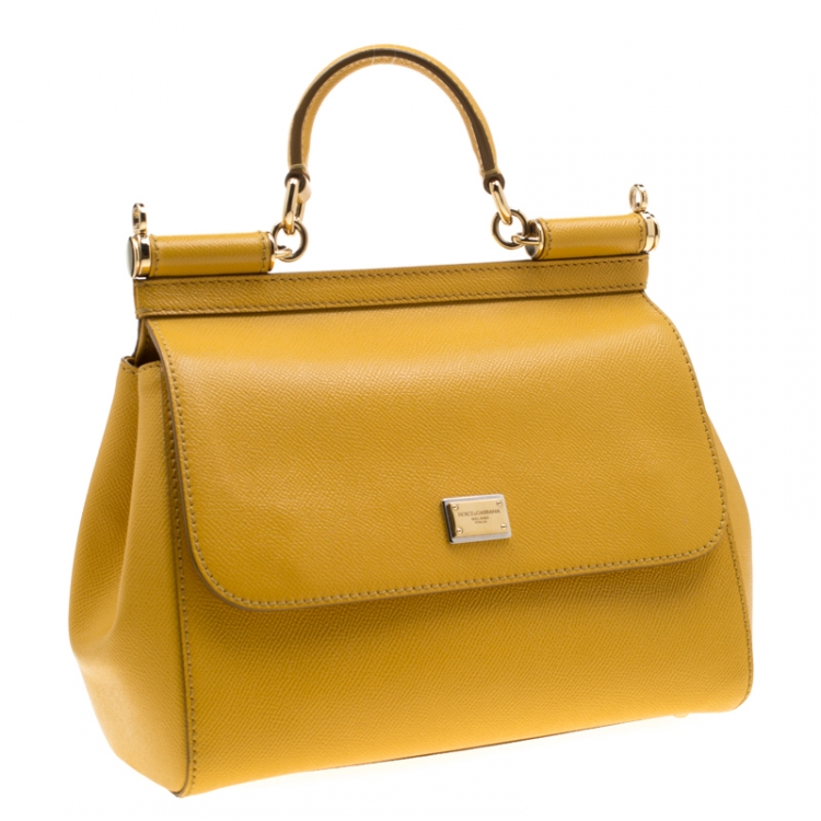 Pre Owned Dolce and Gabbana Yellow Leather Medium Miss Sicily Tote