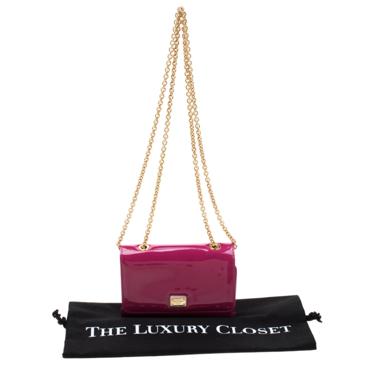 Pre Owned Dolce and Gabbana Dark Pink Patent Leather Wallet On Chain