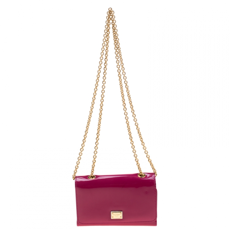 Pre Owned Dolce and Gabbana Dark Pink Patent Leather Wallet On Chain
