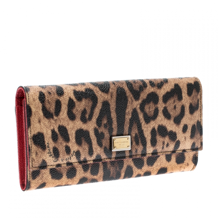 Pre Owned Dolce and Gabbana Beige Leopard Print Leather Continental Wallet