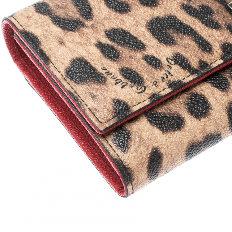 Pre Owned Dolce and Gabbana Beige Leopard Print Leather Continental Wallet