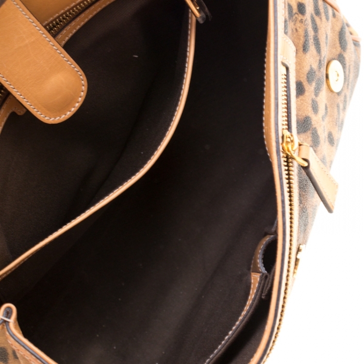 Pre Owned Dolce and Gabbana Tan Leopard Print Coated Canvas Large Miss Sicily Top Handle Bag