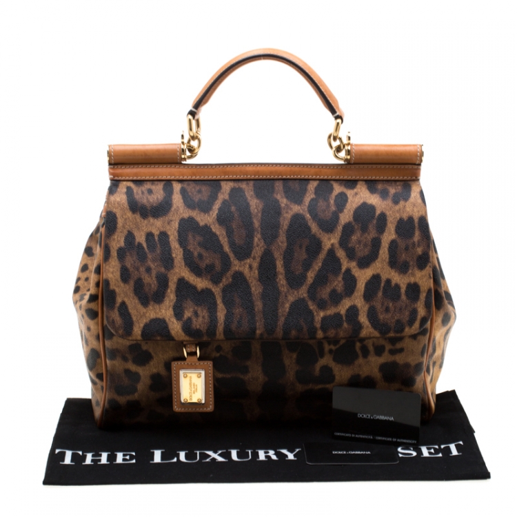 Pre Owned Dolce and Gabbana Tan Leopard Print Coated Canvas Large Miss Sicily Top Handle Bag