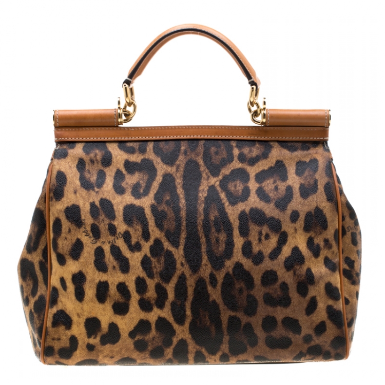 Pre Owned Dolce and Gabbana Tan Leopard Print Coated Canvas Large Miss Sicily Top Handle Bag
