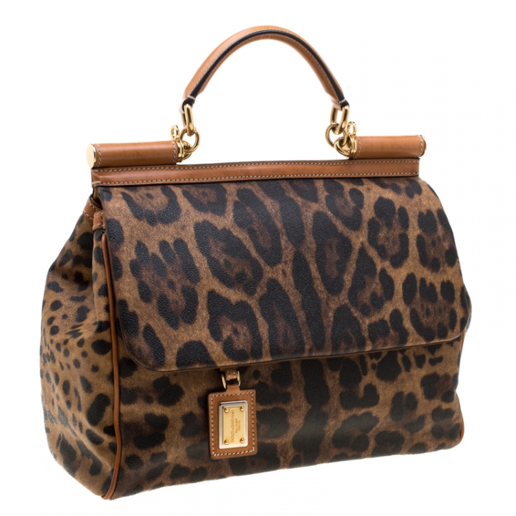 Pre Owned Dolce and Gabbana Tan Leopard Print Coated Canvas Large Miss Sicily Top Handle Bag