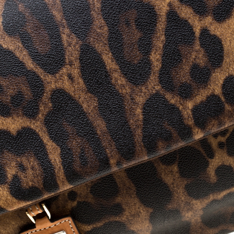 Pre Owned Dolce and Gabbana Tan Leopard Print Coated Canvas Large Miss Sicily Top Handle Bag