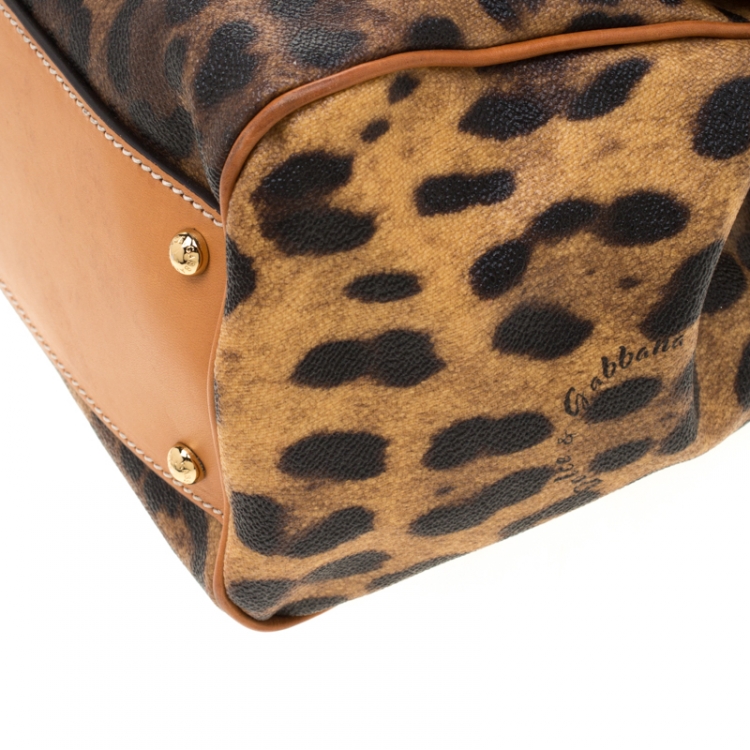 Pre Owned Dolce and Gabbana Tan Leopard Print Coated Canvas Large Miss Sicily Top Handle Bag
