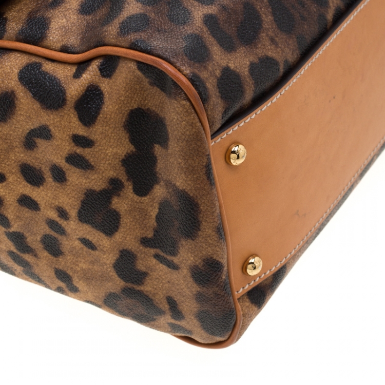 Pre Owned Dolce and Gabbana Tan Leopard Print Coated Canvas Large Miss Sicily Top Handle Bag