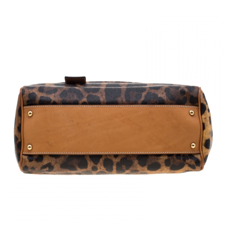 Pre Owned Dolce and Gabbana Tan Leopard Print Coated Canvas Large Miss Sicily Top Handle Bag