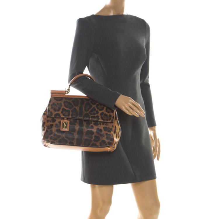 Pre Owned Dolce and Gabbana Tan Leopard Print Coated Canvas Large Miss Sicily Top Handle Bag