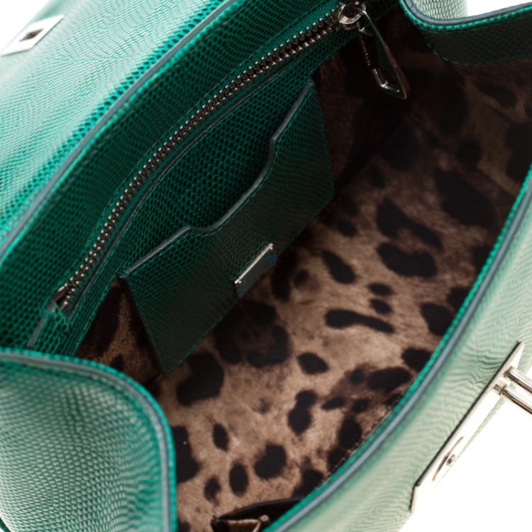 Pre Owned Dolce and Gabbana Green Lizard Embossed Leather Small Miss Monica Top Handle Bag