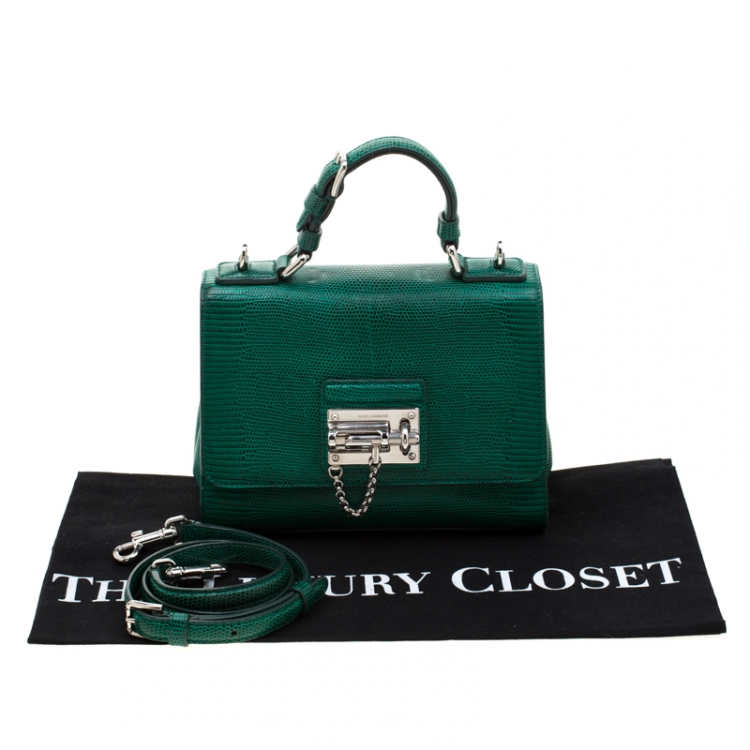 Pre Owned Dolce and Gabbana Green Lizard Embossed Leather Small Miss Monica Top Handle Bag