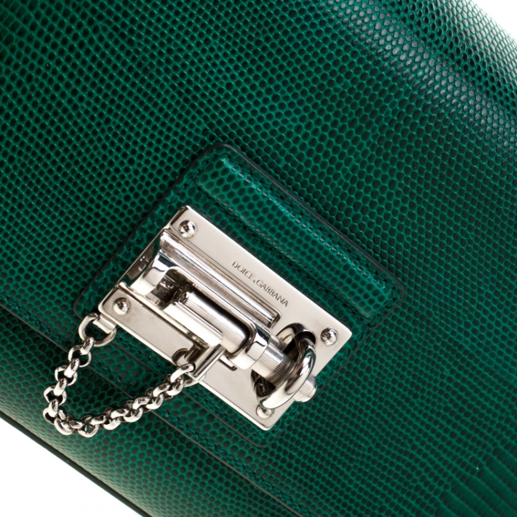 Pre Owned Dolce and Gabbana Green Lizard Embossed Leather Small Miss Monica Top Handle Bag
