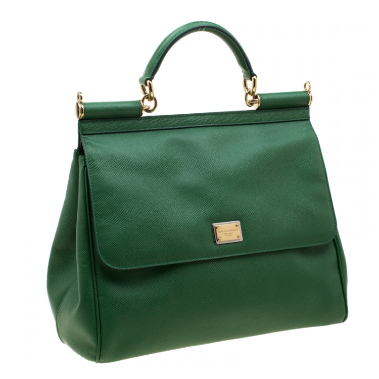 Pre Owned Dolce and Gabbana Green Leather Large Miss Sicily Top Handle Bag