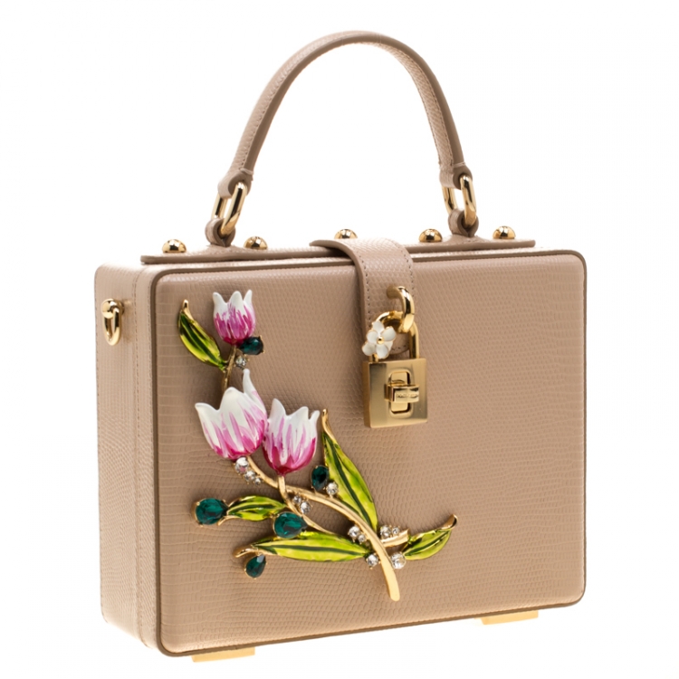 Pre Owned Dolce and Gabbana Beige Lizard Embossed Leather Tulip Embellished Box Bag