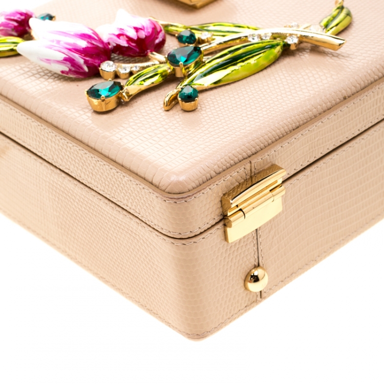 Pre Owned Dolce and Gabbana Beige Lizard Embossed Leather Tulip Embellished Box Bag