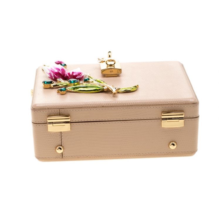 Pre Owned Dolce and Gabbana Beige Lizard Embossed Leather Tulip Embellished Box Bag