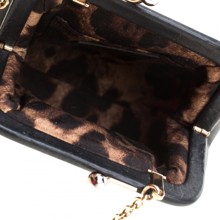 Pre Owned Dolce and Gabana Black Leather Kiss Lock Frame Chain Clutch