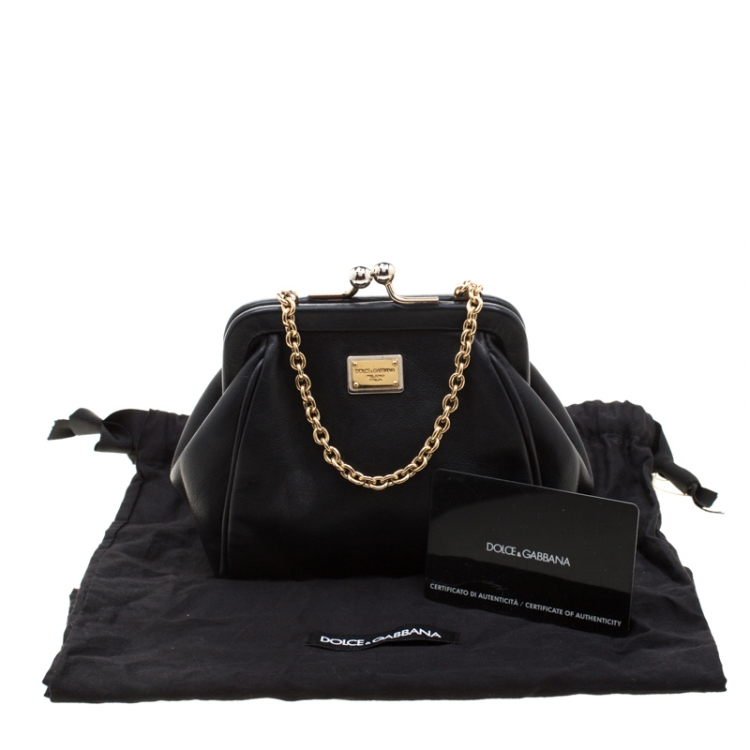 Pre Owned Dolce and Gabana Black Leather Kiss Lock Frame Chain Clutch