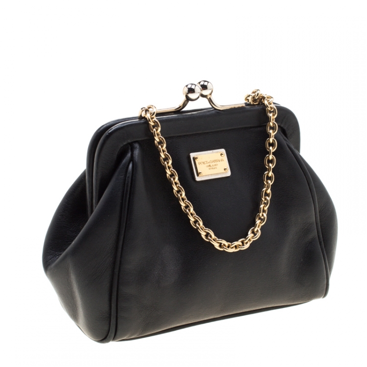 Pre Owned Dolce and Gabana Black Leather Kiss Lock Frame Chain Clutch