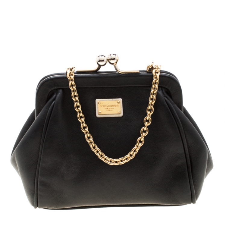 Pre Owned Dolce and Gabana Black Leather Kiss Lock Frame Chain Clutch