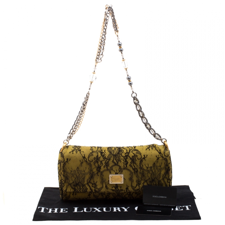 Pre Owned Dolce and Gabbana Yellow/Black Lace and Suede Miss Charles Shoulder Bag