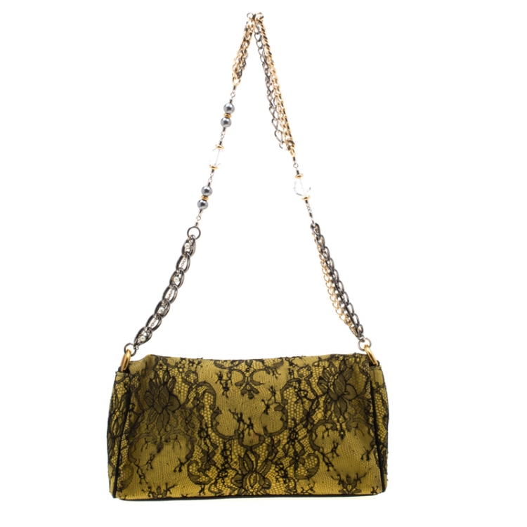 Pre Owned Dolce and Gabbana Yellow/Black Lace and Suede Miss Charles Shoulder Bag