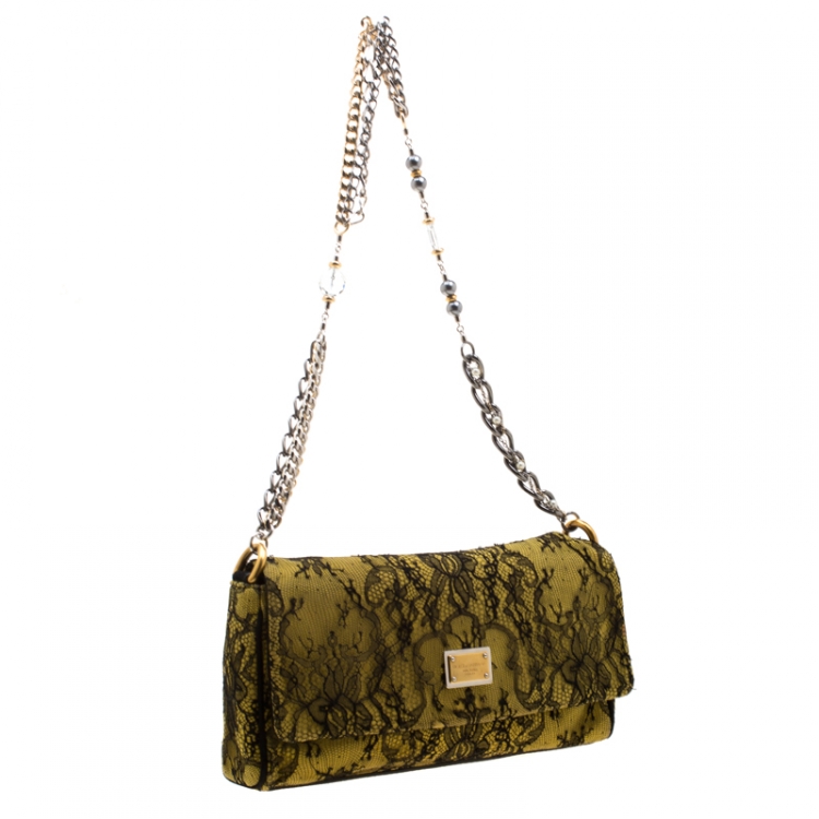 Pre Owned Dolce and Gabbana Yellow/Black Lace and Suede Miss Charles Shoulder Bag