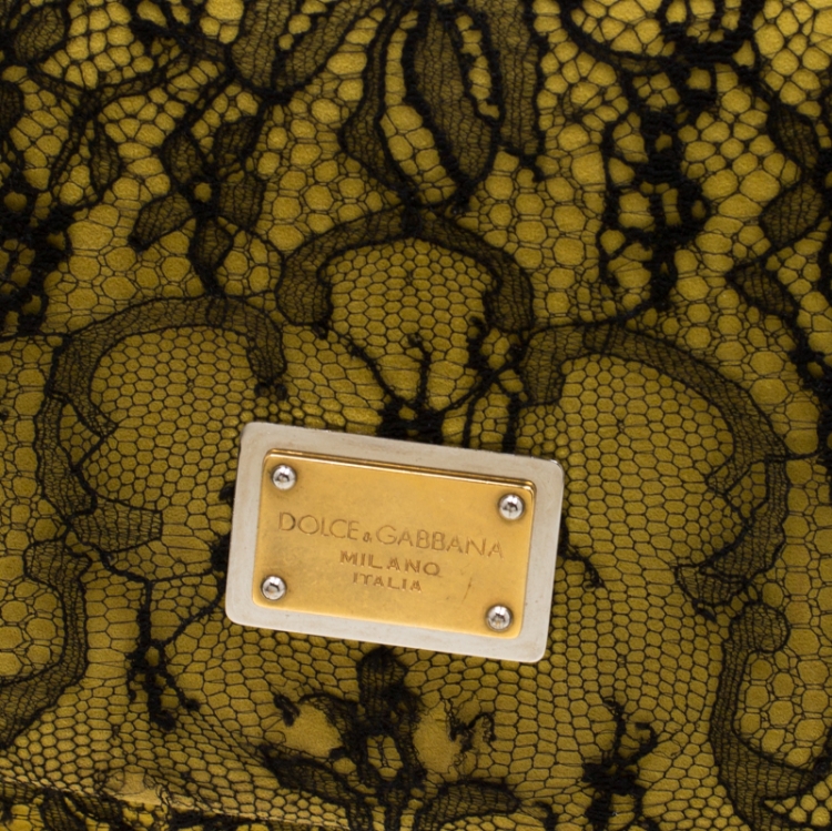 Pre Owned Dolce and Gabbana Yellow/Black Lace and Suede Miss Charles Shoulder Bag