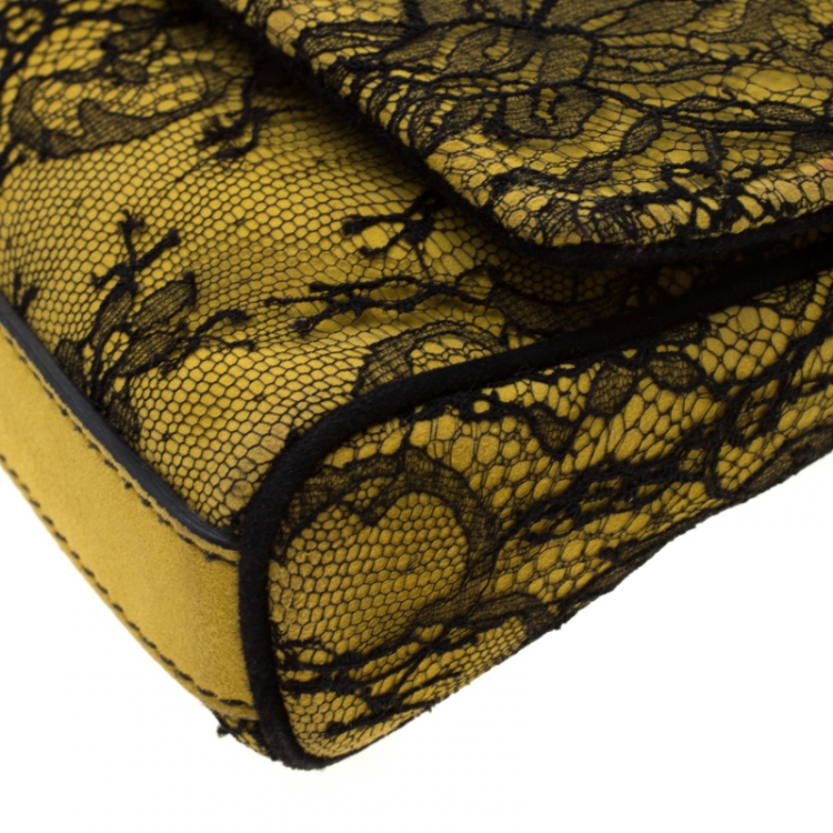 Pre Owned Dolce and Gabbana Yellow/Black Lace and Suede Miss Charles Shoulder Bag