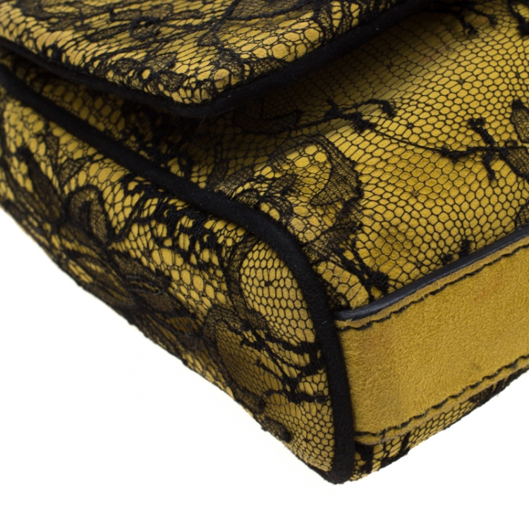 Pre Owned Dolce and Gabbana Yellow/Black Lace and Suede Miss Charles Shoulder Bag