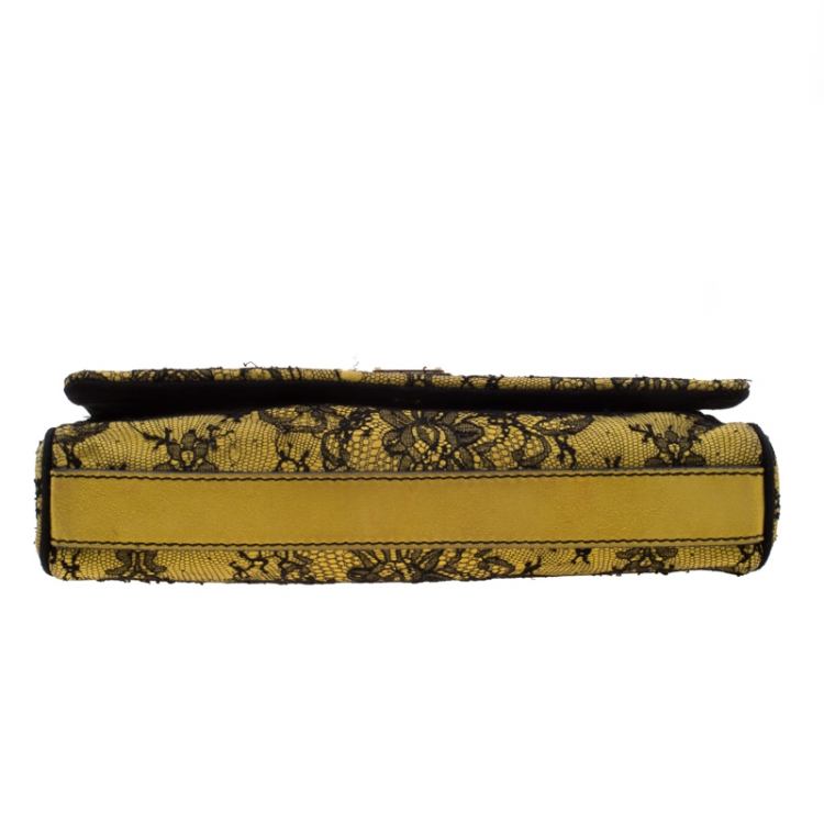 Pre Owned Dolce and Gabbana Yellow/Black Lace and Suede Miss Charles Shoulder Bag