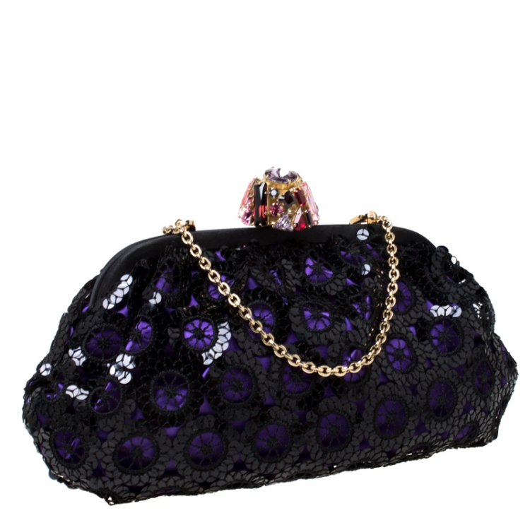 Pre Owned Dolce and Gabbana Black/Purple Sequin Embellished Satin Frame Chain Clutch