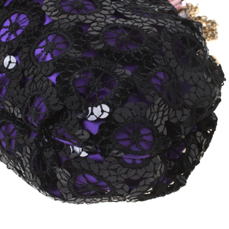 Pre Owned Dolce and Gabbana Black/Purple Sequin Embellished Satin Frame Chain Clutch