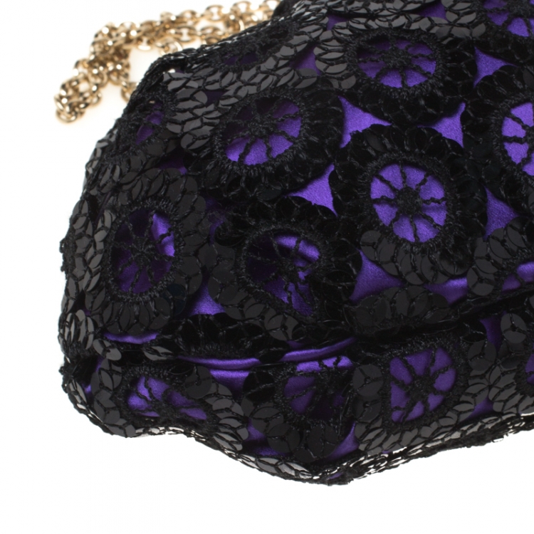 Pre Owned Dolce and Gabbana Black/Purple Sequin Embellished Satin Frame Chain Clutch