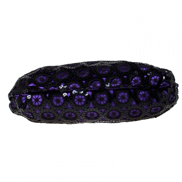 Pre Owned Dolce and Gabbana Black/Purple Sequin Embellished Satin Frame Chain Clutch
