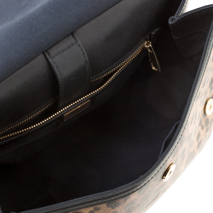 Pre Owned Dolce and Gabbana Brown Leopard Print Coated Canvas Large Miss Sicily Top Handle Bag