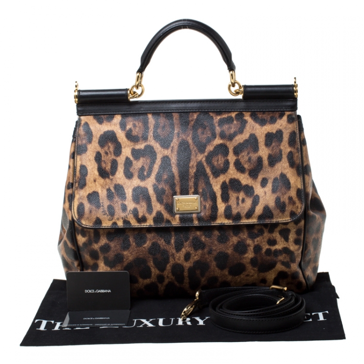 Pre Owned Dolce and Gabbana Brown Leopard Print Coated Canvas Large Miss Sicily Top Handle Bag