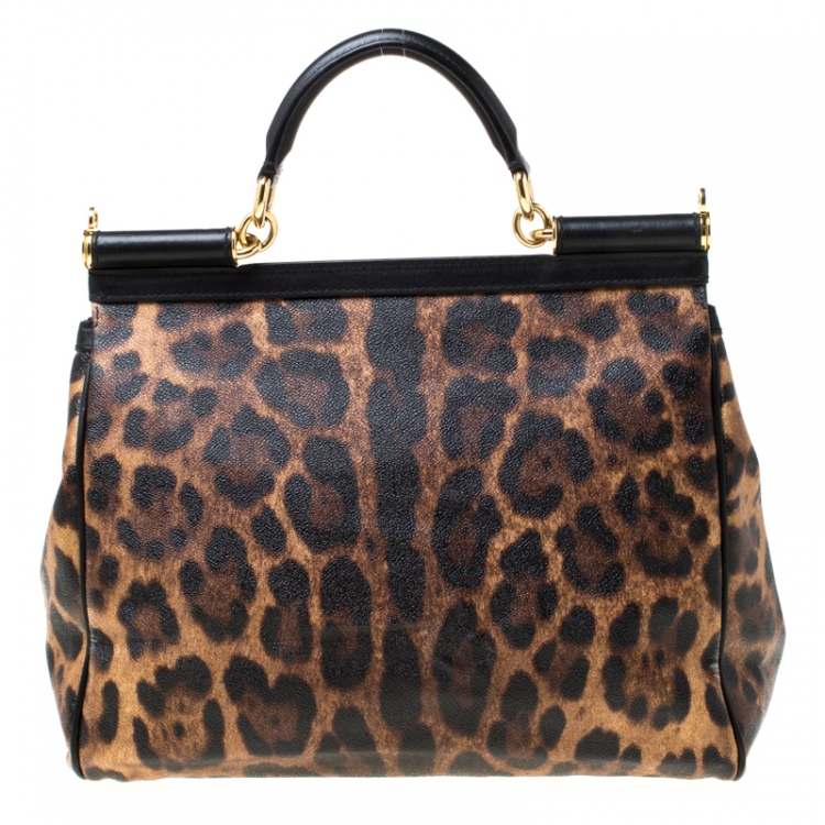 Pre Owned Dolce and Gabbana Brown Leopard Print Coated Canvas Large Miss Sicily Top Handle Bag