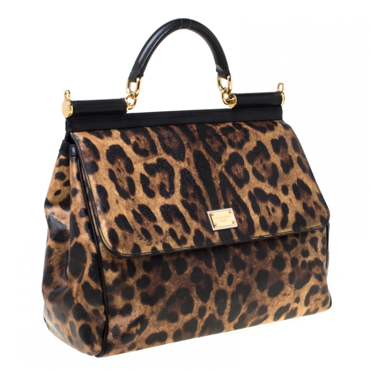 Pre Owned Dolce and Gabbana Brown Leopard Print Coated Canvas Large Miss Sicily Top Handle Bag