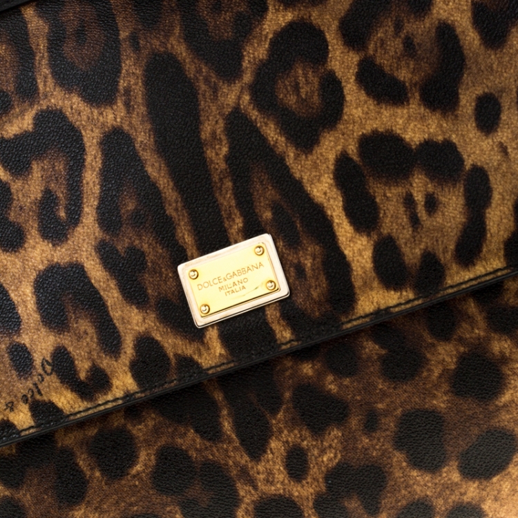 Pre Owned Dolce and Gabbana Brown Leopard Print Coated Canvas Large Miss Sicily Top Handle Bag